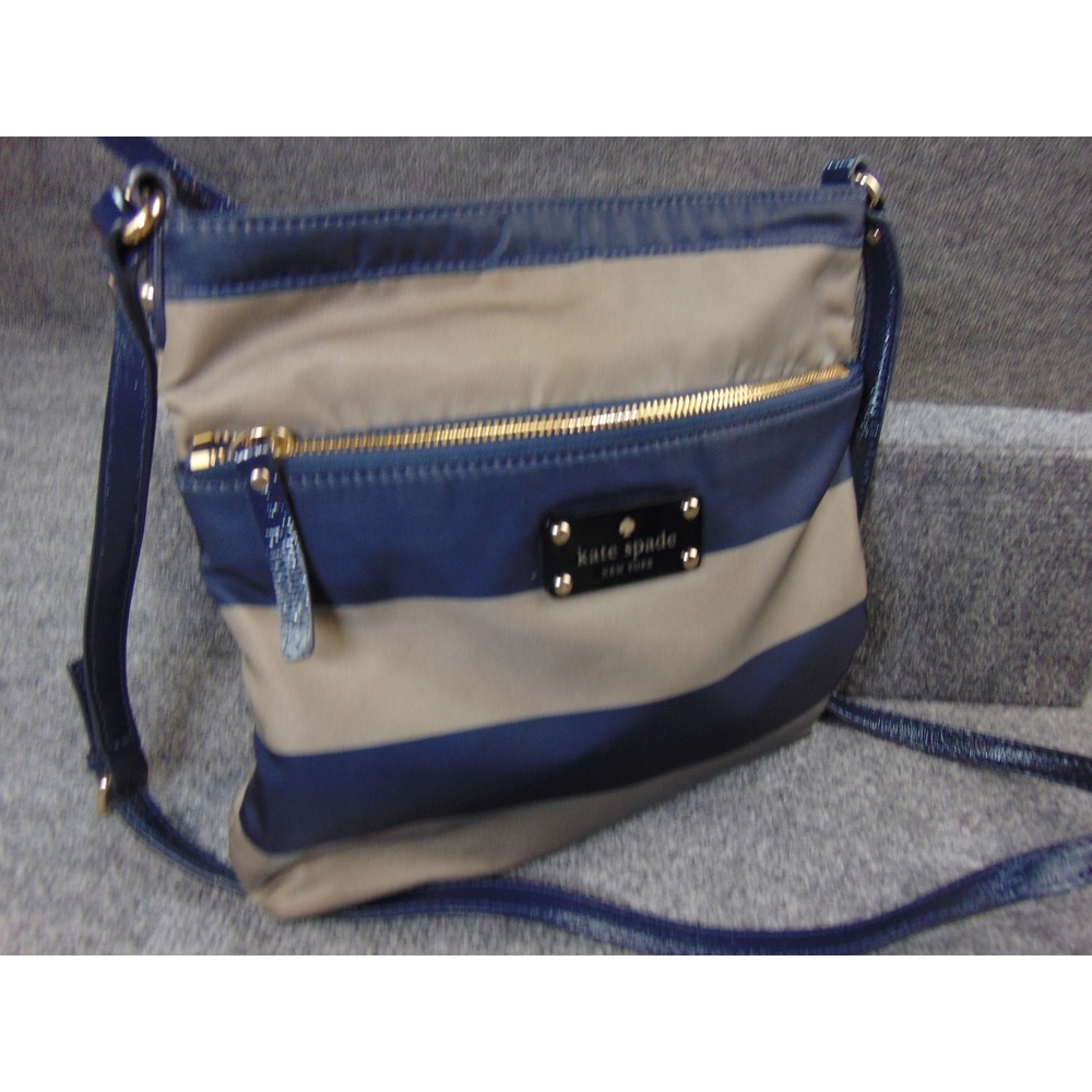 Kate Spade Wilson Road Crossbody Blue Tan Stripe Nylon Zip Top Purse